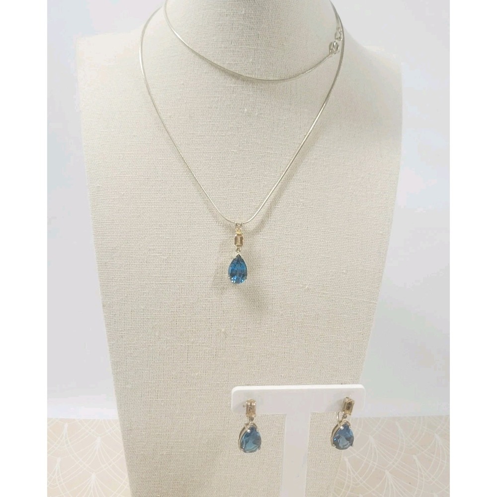 Clyde Duneier 925 Blue Topaz Teardrop Necklace Earrings Set Silver